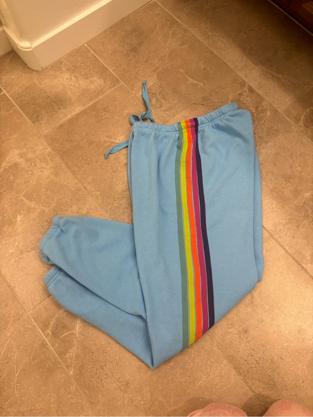Aviator Nation Light Blue Joggers with Rainbow Side Stripes - Picture 2 of 5